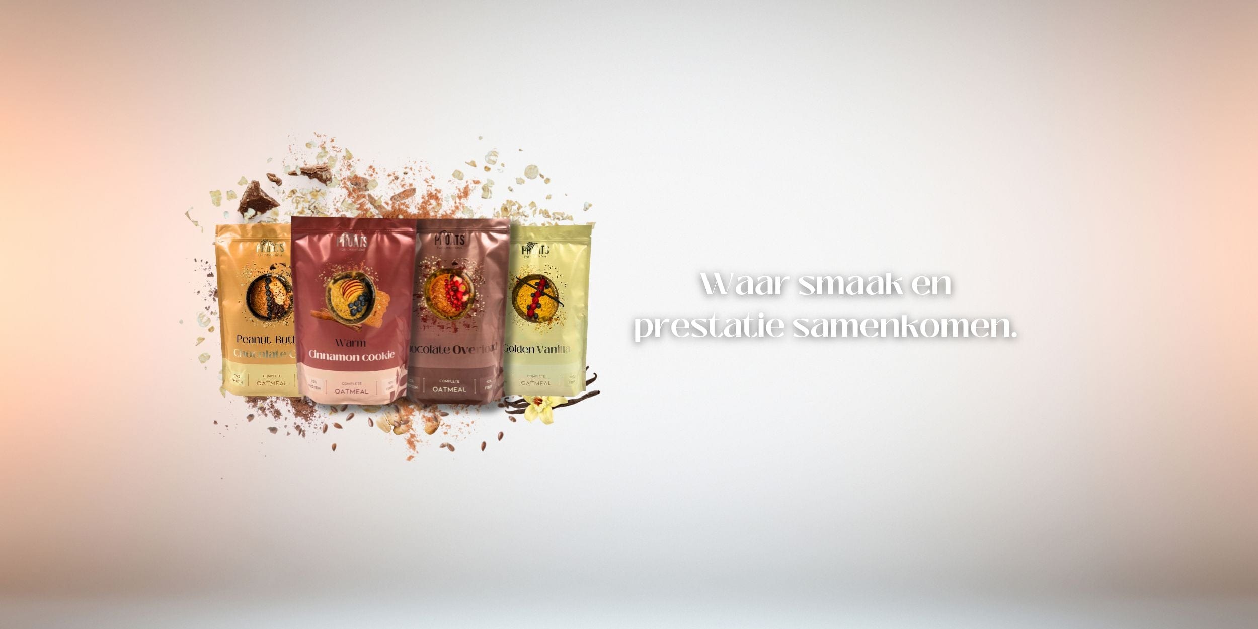 Banner met zakken PROATS, waar smaak en prestatie samenkomen.